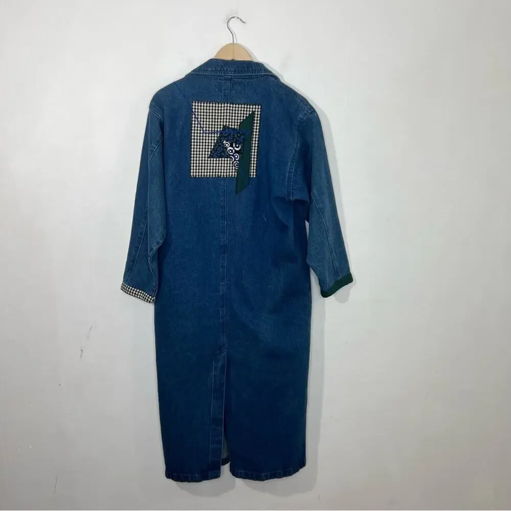Vintage Denim Applique Created By Connie Oversized Long Trench Coat Size XS